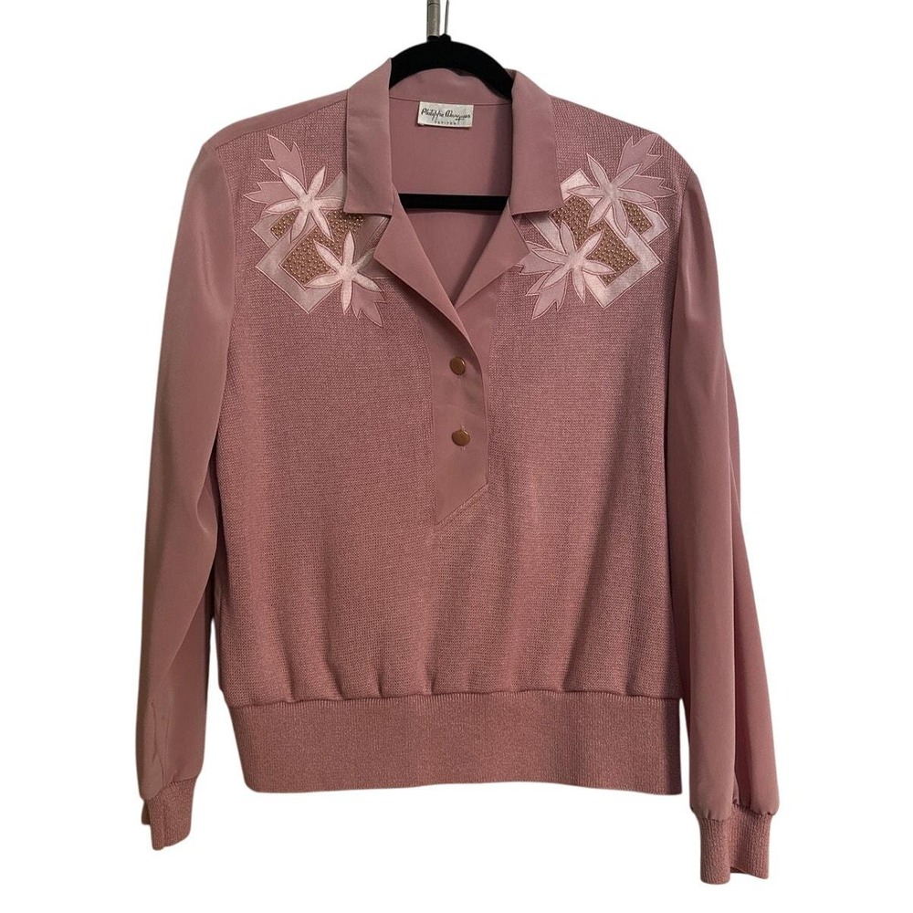 Vintage Philippe Marques Pink Sweater Top Embellished Gold Beads‎ 12 Petite